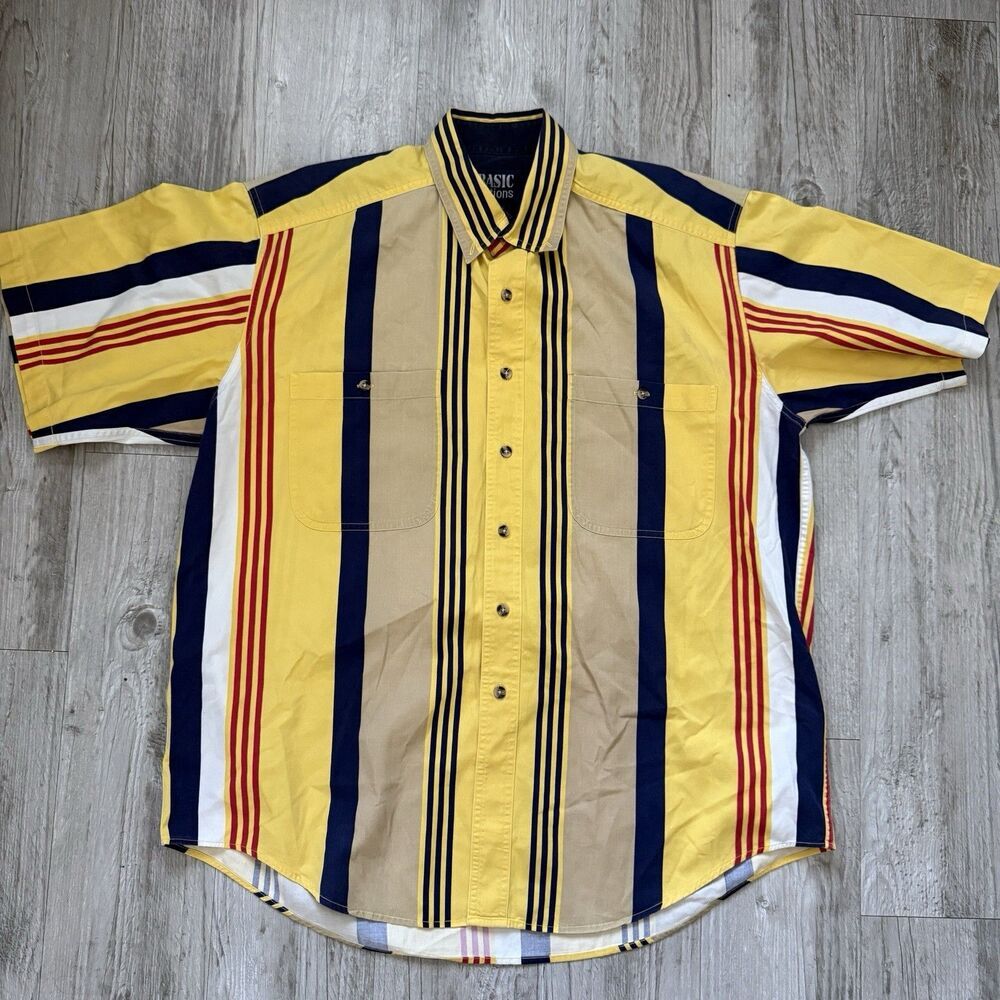 Basic Options Men's Button-Up Shirt Size L Multicolor Striped Short Sleeve